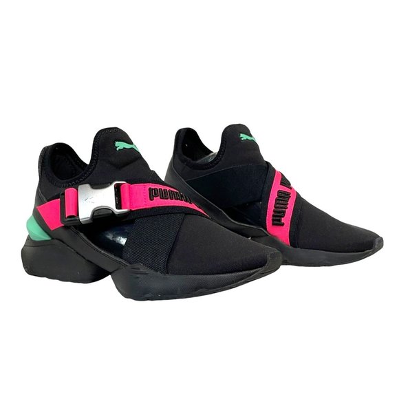 Puma | Shoes | Puma Muse Eos Street Sneakers Womens 8 Black Pink Green Textile Slip On Shoes
